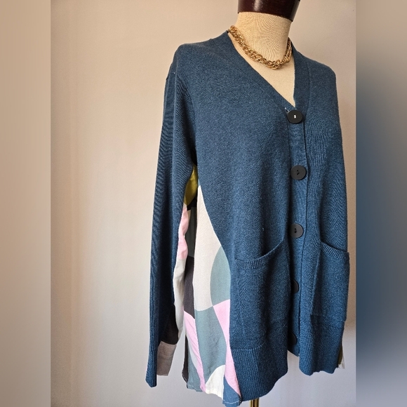 FOIL Blue Merino Wool Blend Sweater with Chiffon Pastel Multicolor Back. Medium - Picture 2 of 9